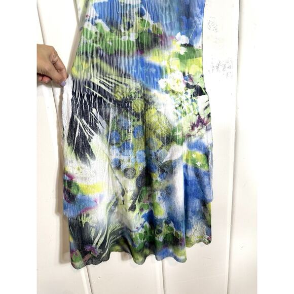 KOMAROV Sleeveless Crinkle Mini Dress S Green Blue Charmeuse Modest Fairy artsy - Picture 11 of 12